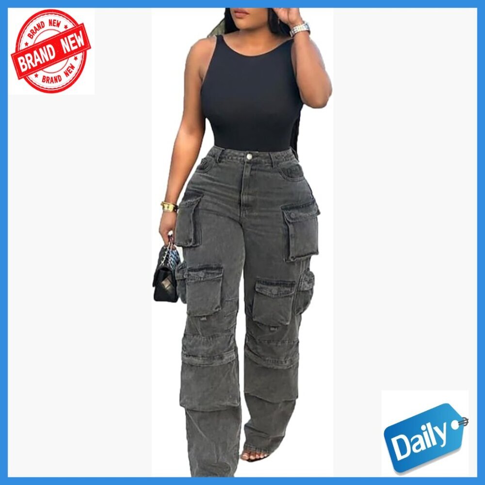 High Waisted Wide Leg Cargo Jeans, Stretchy Polyester Spandex, 6 Pockets